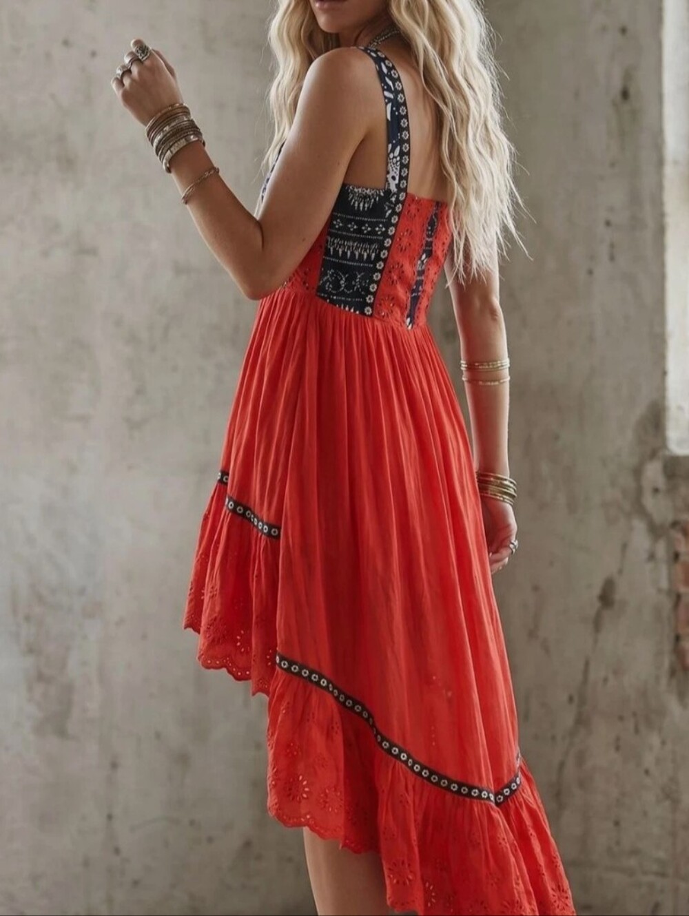 Free People Bossa Nova Maxi Dress Red Navy Boho Flowy Festival Statement Dress - Picture 4 of 7